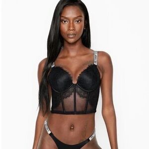Victorias Secret Elegant Black Lace Shine Strap Bustier